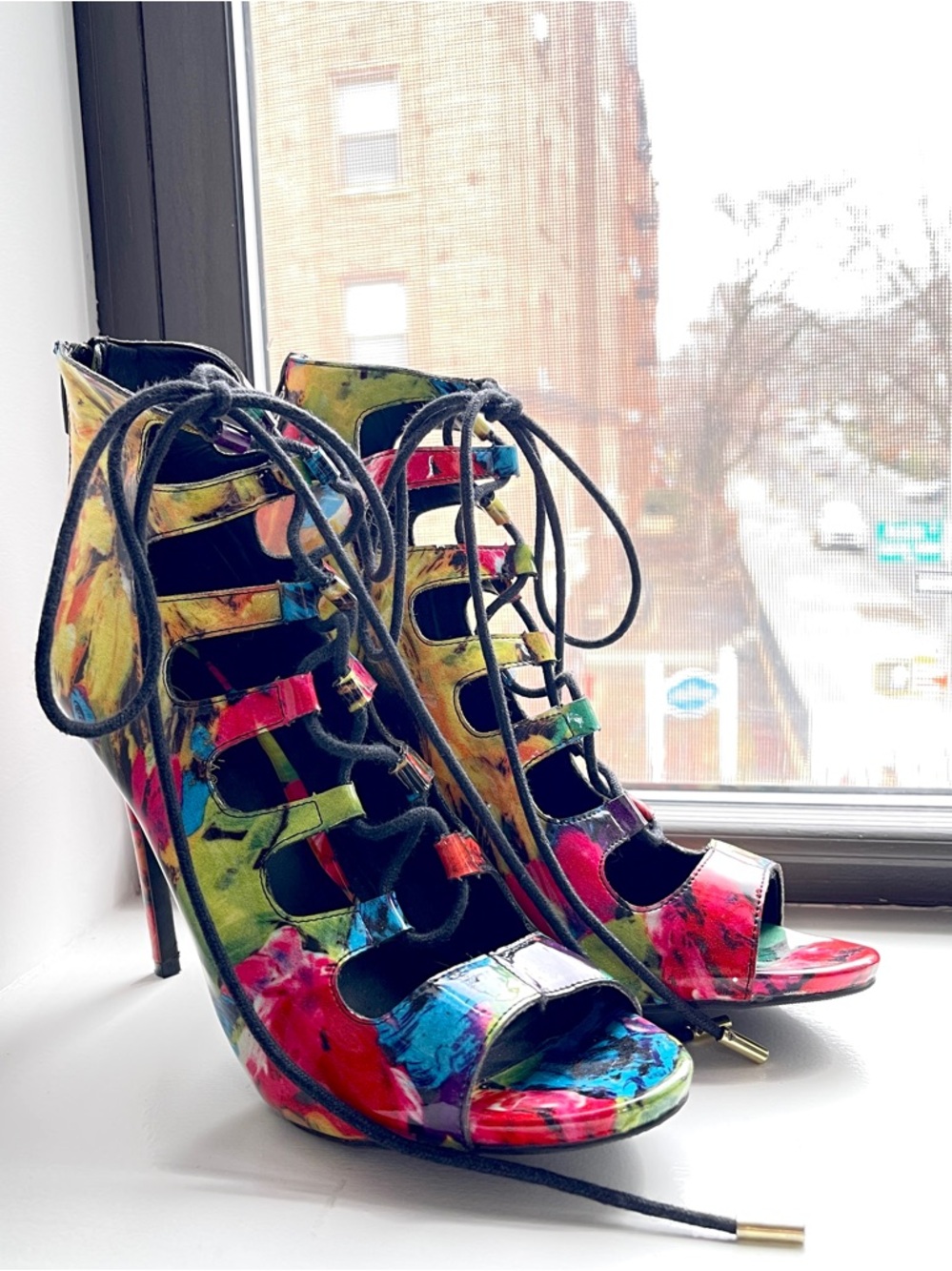 Candie’s Patent Abstract Multicolor Lace-Up Cutout Peep Toe High Heel